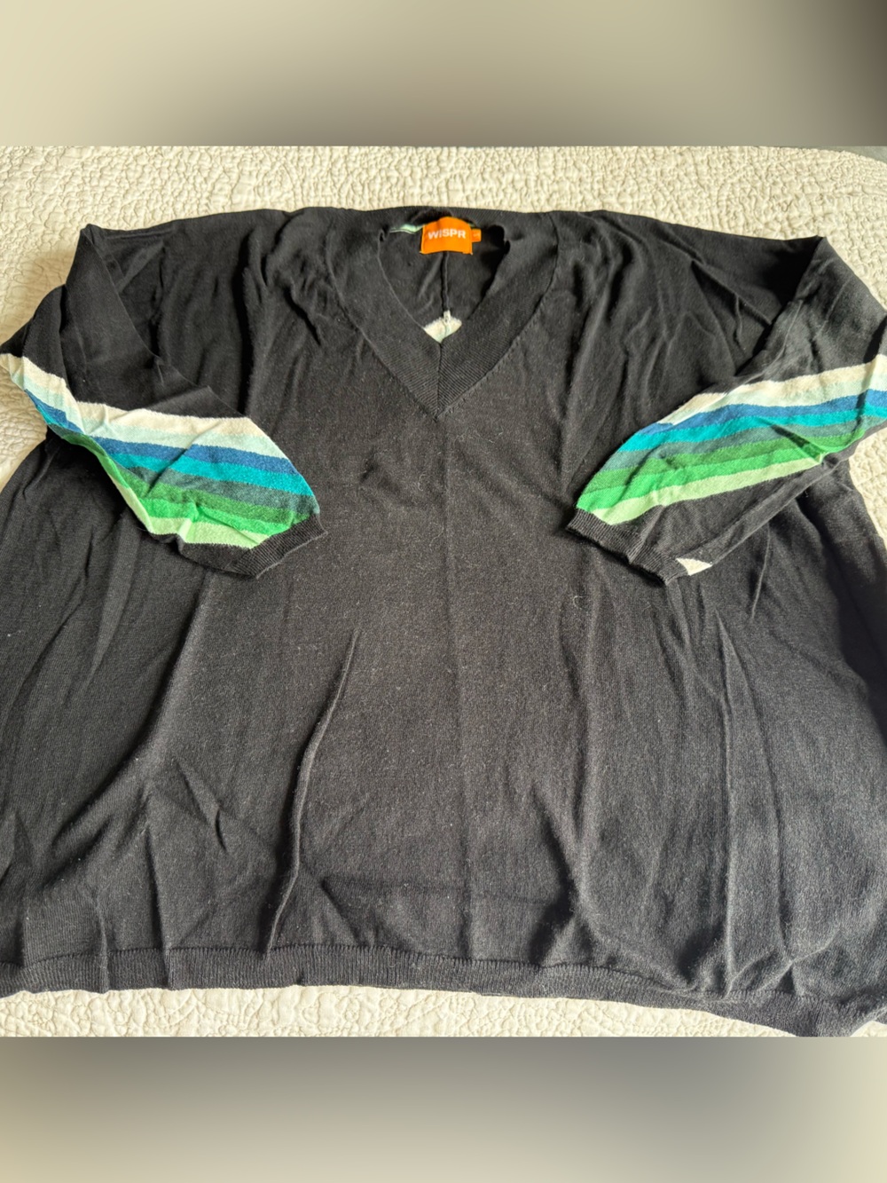 Brodie Cashmere “Wispr” Black V-Neck Sweater with Blue & Green Stripe Sleeves